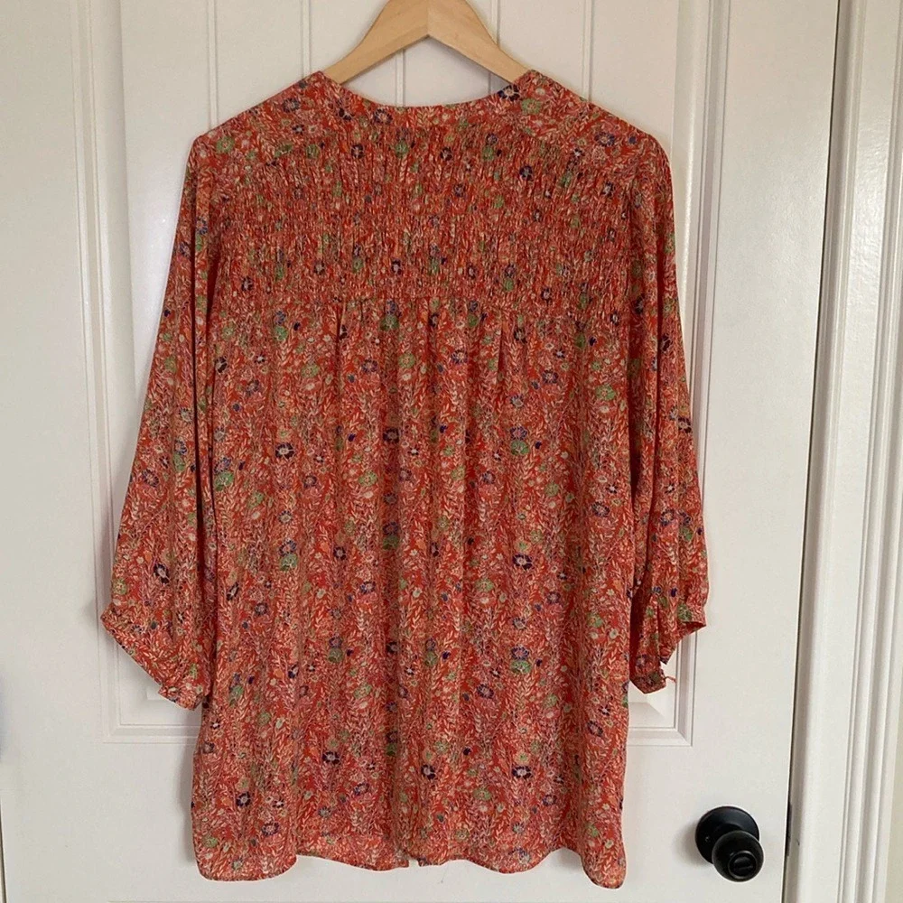 Rose+Olive Womens Orange Floral Top Size 1X 3/4 Sleeve Career Summer Spring‎